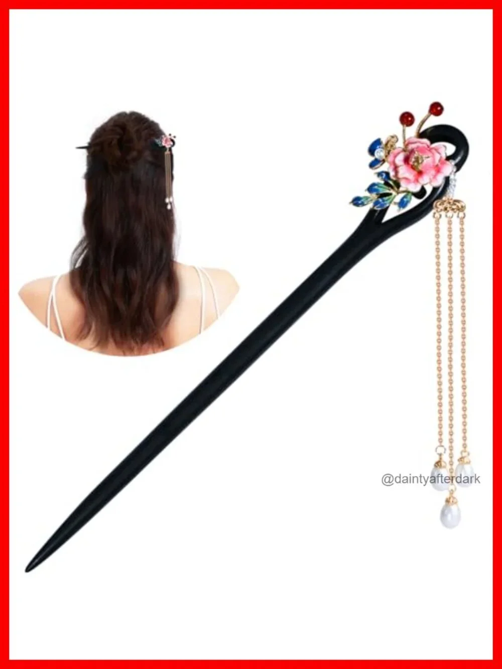 Vintage 14k Gold Plated Copper Natural Ebony Hair Stick with Peony Pearl Tassels